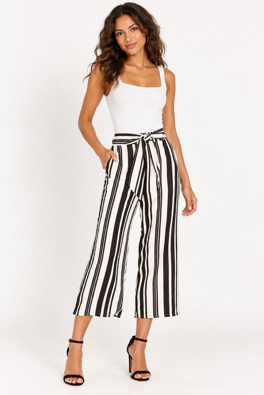 MAJORELLE Carisma Black White Stripe Cropped Wide Leg Tie Waist Pants NWT S